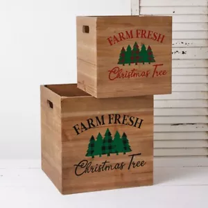 Farm Fresh Christmas Trees Wooden Storage Crates Organizer Boxes - 2 pc Set - Picture 1 of 2