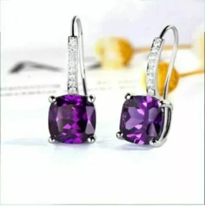 3Ct Cushion Cut Simulated Purple Amethyst Drop Earrings In 14k White Gold Plated - Picture 1 of 5