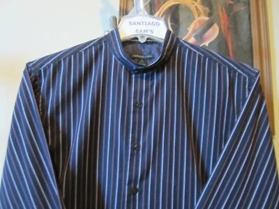 MEDIUM FITTED 15/15.5-33 VAN HEUSEN STUDIO WRINKLE FREE STRIPE COLLARLESS SHIRT - Image 1 of 4
