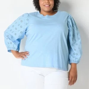 Top 3X Blue Tee Shirt 3/4 Embroidered Eyelet Sleeve Crew Cotton Jersey Plus Size - Picture 1 of 2