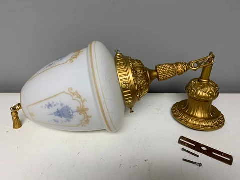Antique 1920s Ceiling Light Fixture with Brass Base - 24"  Item #239 Cover