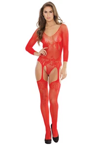 Coquette CQ2555 Red Long Sleeve Teddy W/Attached Garters and Stockings - Picture 1 of 2