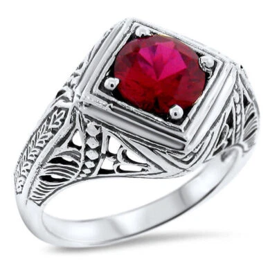 ART DECO STYLE 925 STERLING SILVER 1.5 CT LAB-CREATED RUBY FILIGREE RING   1058Z - Image 1 of 4