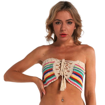 Chaleco Traje de Baño Bohemia Borla Tubo Bikini Cadena Arco Iris Crochet Rayas Arco Iris Foto 1 de 4