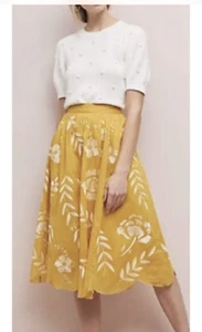 ANTHROPOLOGIE Maeve Midi Skirt Vineland Yellow Embroidered Sz S Scalloped EUC - Picture 1 of 11