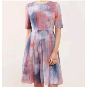Jigsaw Silk Pink Purple Pleated Skirt Dress Multicolor size 6 Watercolor - Picture 1 of 9