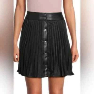 DKNY Pleated Button Front Faux Leather Mini Skirt Black Size 14 - Image 1 of 4