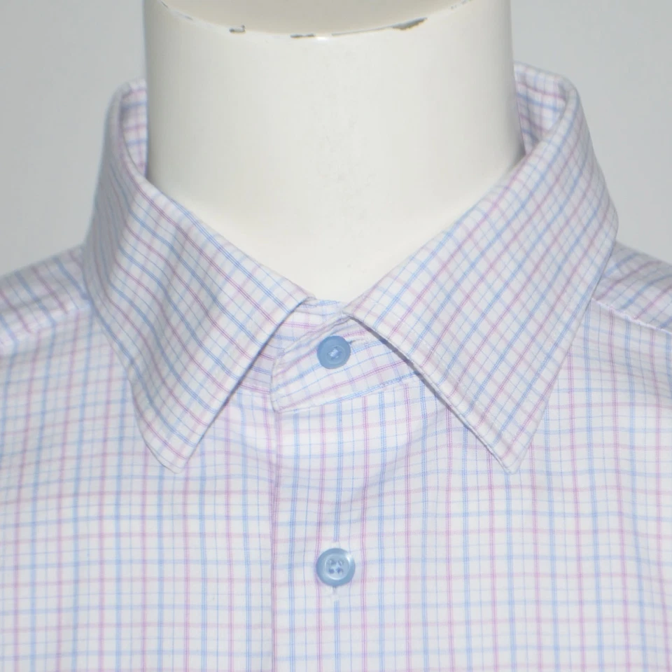 Camisa de vestir DAVID DONAHUE ajuste morado blanco a cuadros 100 % algodón 17 34/35 Foto 1 de 3