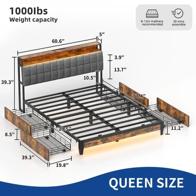 Каркас кровати Full/Queen льняная мягкая платформа со светодиодами RGB и 4 ящиками - Изображение 1 из 4