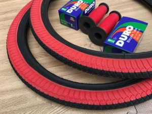 PAIR of 20" BMX Bicycle Black and Red Street Tires & Tubes 20x1.95 *FREE GRIPS - Picture 1 of 2
