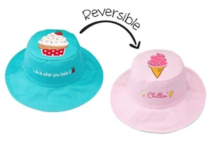 New FlapJack Kids Reversible Hat UPF 50+ Medium 2-4 yrs CUPCAKE ICE CREAM Pink - Picture 1 of 3