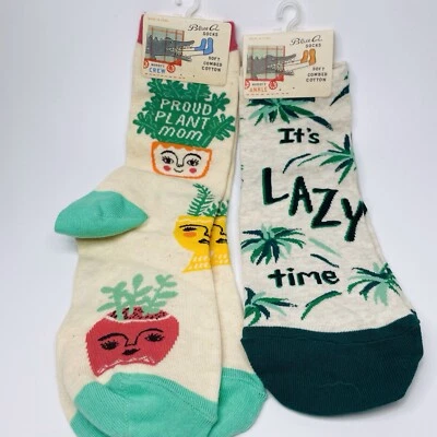 Calcetines caprichosos 2 pares AZUL Q "Proud Plant Mom" Crew "It's Lazy Time" tobillo nuevos con etiquetas Foto 1 de 4