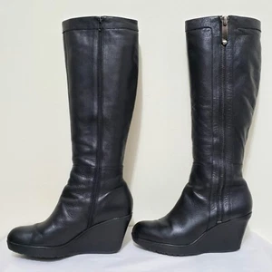 VIA SPIGA Italian Sz 7.5 Wedge Boots Knee Hi Black Butter Soft Leather Side Zip - Picture 1 of 21
