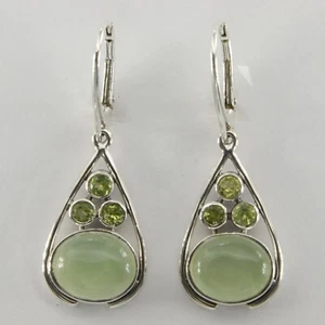Green Oval PREHNITE and Peridot Earrings 925 STERLING SILVER Leverback #11e - Picture 1 of 3