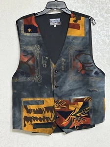 Safari Vintage Multicolor Waistcoat Lined Vest Abstract Art Print Back Buckle XL - Picture 1 of 6