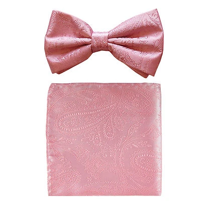 New formal men's pre tied Bow tie & hankie set paisley pattern pink wedding  - Image 1 of 4
