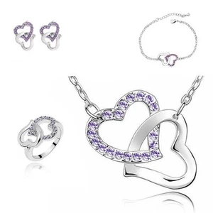 Conjunto de joyas de amor corazones de cristal púrpura collar, pendientes, pulsera y anillo Reino Unido - Imagen 1 de 3