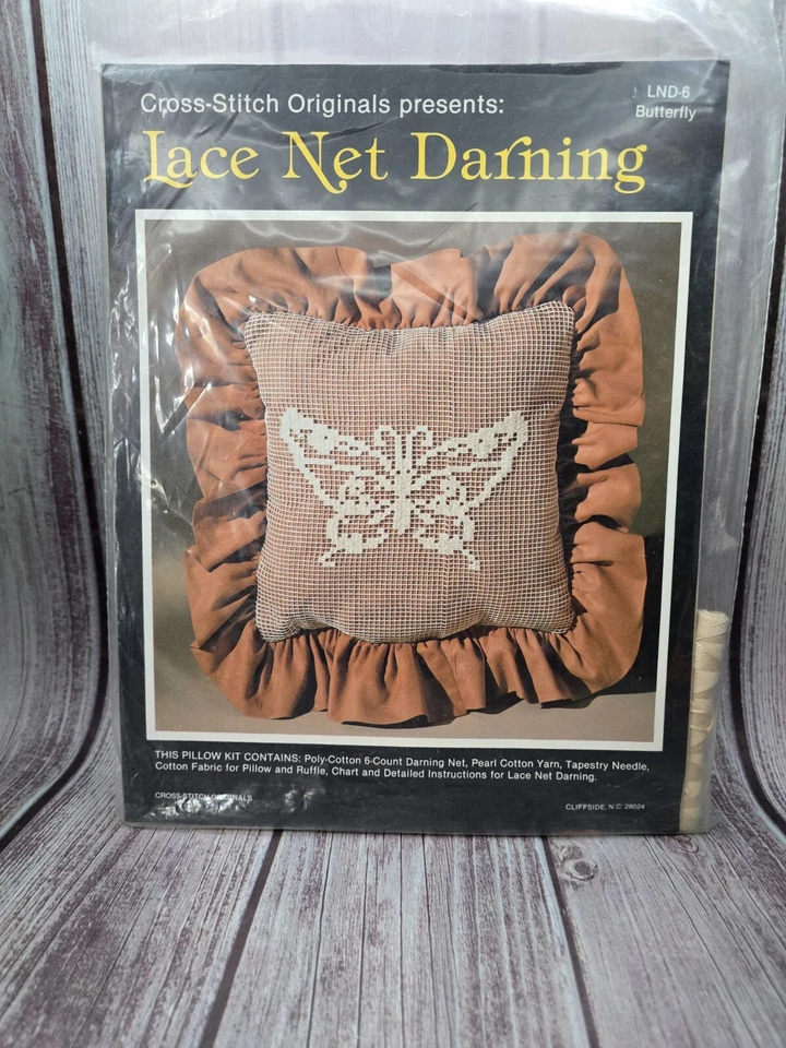 Vtg Butterfly Lace Ruffle Pillow Net Darning Kit Cross Stitch Originals LND-6