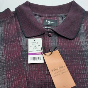 Haggar Men's XXL Wine Heather Plaid Long Sleeve Polo Shirt Stain Resistant NEW - Picture 1 of 6