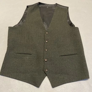 Hann Brooks Tweed Waistcoat Mens Large Green Herringbone 100% Wool Wedding Vest - Picture 1 of 9