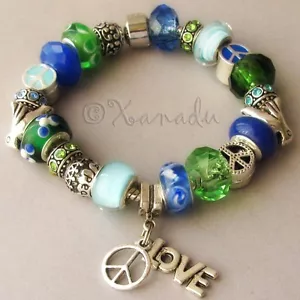 Peace And Love On Earth - Bettelarmband blau grün türkis europäischer Stil - Bild 1 von 12