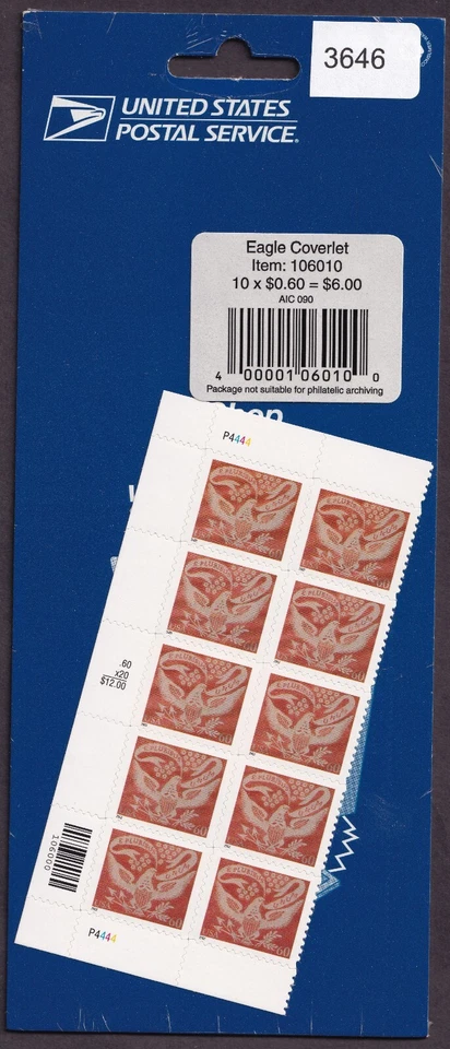 Scott #3646 Eagle Coverlet Half Sheet of 10 Stamps- Sealed - Image 1 of 1