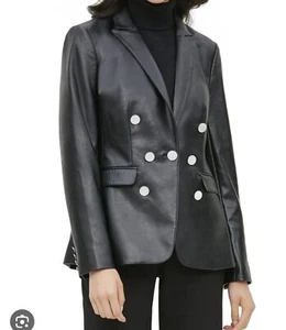 New Calvin Klein Faux-Leather Double-Breasted Black Blazer Sz.10 - Picture 1 of 9