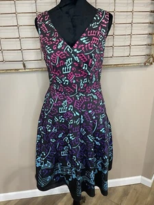 Modcloth Musical Note Dress Black Pink Blue Purple Retro Fit Flare A-Line Medium - Picture 1 of 14