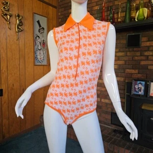 Vtg 70s Mod Go Go Bodysuit Terrycloth Novelty Print Nessie Hot Pants Romper S/M - Picture 1 of 10