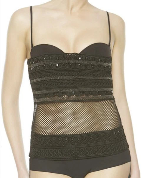 NUEVO CON ETIQUETAS CONJUNTO BUSTIER Y TANGA MALLA CALIPSO CUENTAS NEGRAS LA PERLA TALLA 34B/L $2152 Foto 1 de 2