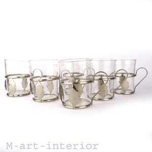 6x Tee Glashalter mit Jenaer Glass, Blatt-Dekor Metall vernickelt, Jugendstil - Bild 1 von 12