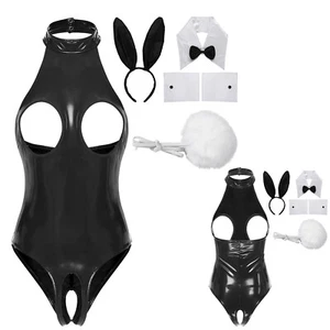 US Womens Sexy Bunny Cosplay Costume Bodysuit with Rabbit Ears Collar Cuffs Tail - Picture 1 of 34