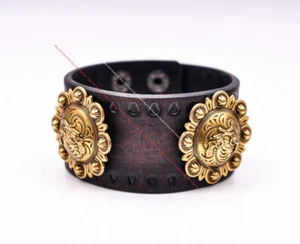 Brass Western Gun Cross Concho Vintage Wrap Leather Bracelet Wristband Wide Cuff - Picture 1 of 8