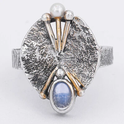 Gr. 60 - Vintage Design Sterlingsilber 925 Damenring m. Mondstein & Perle - Bild 1 von 4