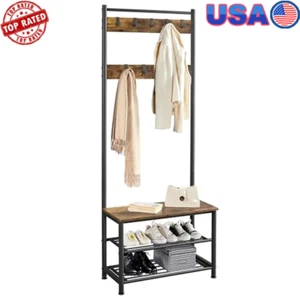 3-in-1 W/ 9 Hooks Hall Tree Coat Rack Bench Shoe Storage Entryway Organizer New - Picture 1 of 4