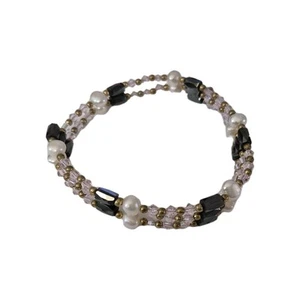 Magnetic Beaded Bracelet/Necklace Black Puple Faux Pearl Gold Tone - Picture 1 of 6