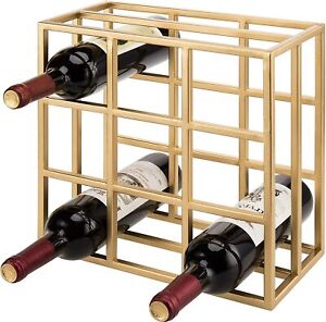 Modern Brass Tone Metal 9-Slot Grid Wine Bottle Rack, Freestanding Wine Storage