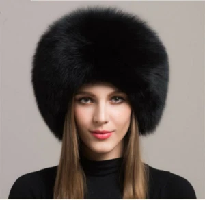 Womens Black Real Fox Fur Hat Russian Winter Warmer Ear Cap Ushanka Cossack Ski - Picture 1 of 3