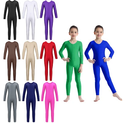 UK Girls Long Sleeve Dance Gymnastics Leotards Catsuit Jumpsuits Gym Sportswear - Image 1 of 2