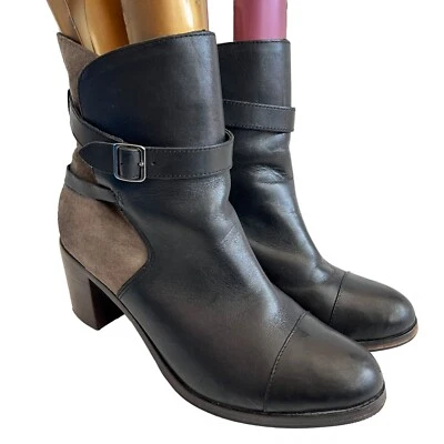 Wolverine boots Samantha Pleet Bonny 10 black leather beige suede block heel - Image 1 of 4