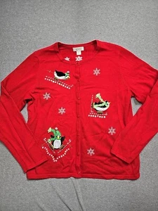 Christopher & Banks Cardigan Sweater Womens Medium Red Embroidered Ski Penguins - Picture 1 of 13