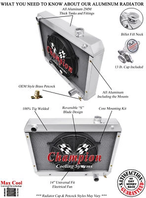 Radiador AR Champion 3 filas, ventilador de 14" - Chevrolet Chevy II Nova Factory V8 1963-1965 Foto 1 de 4