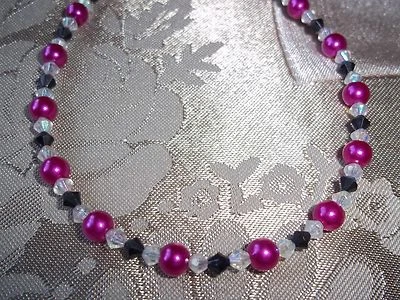 Tornozeleira feita à mão 10,5 polegadas pérola rosa e cristal preto e claro frisado L-23 - Imagem 1 de 3