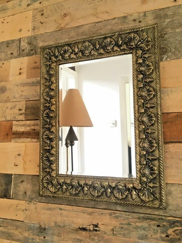 LARGE ANTIQUE VINTAGE DECORATIVE BRASS REPOUSSE SHELL LEAF BEVELLED EDGE MIRROR Cover
