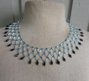 Netted Weave Beaded Adjustable Choker Necklace Silver Aqua Blue Gunmetal Black - Picture 1 of 6