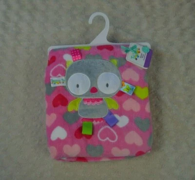 Taggies Pink Owl Baby Blanket Gray Green Hearts White Plush Soft Lovey NEW - Image 1 of 4