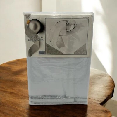 Vienna Tablecloth White Oblong 60'X118' Silver Edge Party Holiday Christmas  NEW - Image 1 of 4