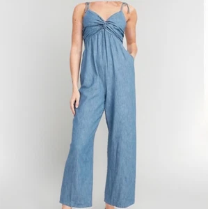 Old Navy Chambray Denim Jumpsuit Twist Front Tie Strap Wide Leg Boho Sz S Cotton - Picture 1 of 19
