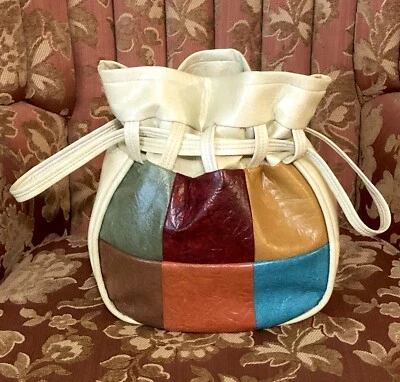 Vintage Mod Retro Patchwork Drawstring Faux Leather 60s 70s Bucket Purse Handbag - Image 1 of 4