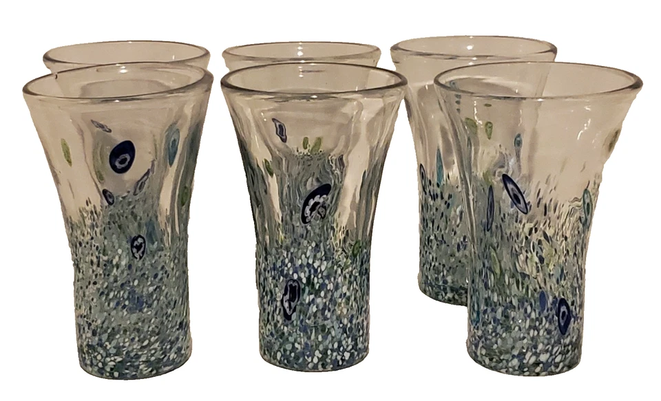 Amici Hand Blown Glass Highball Monet Blue Millefiori Abstract Lot Of 6 - Image 1 of 4